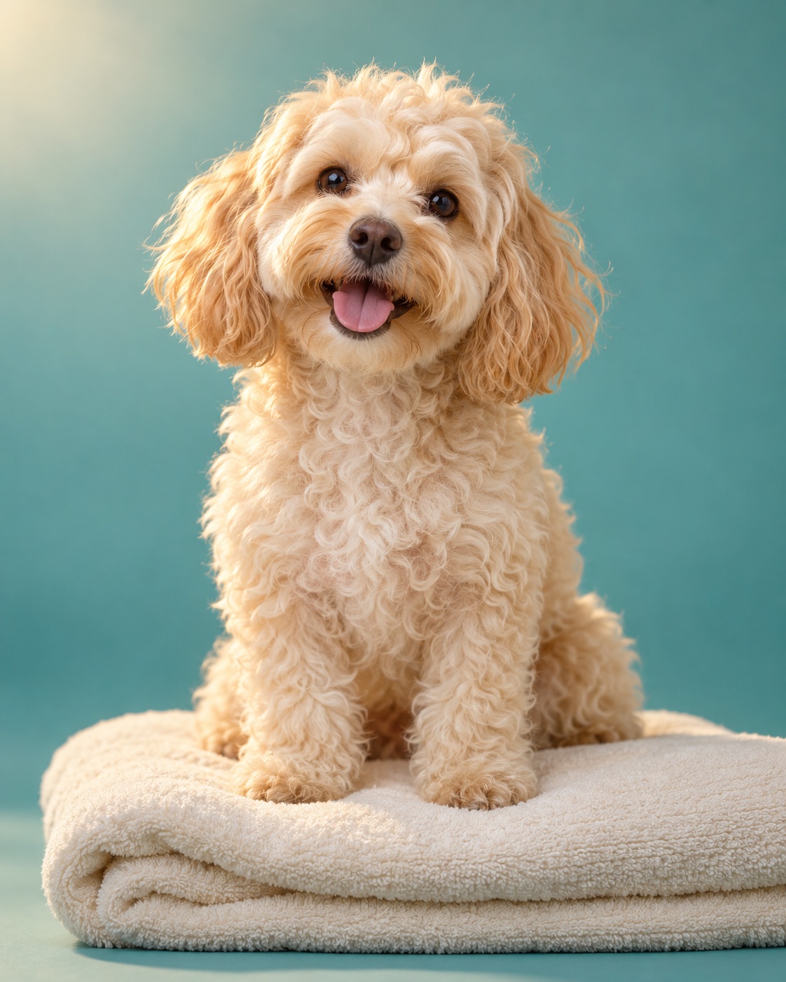 Illustrative cream curly-haired dog on a towel against a teal studio backdrop